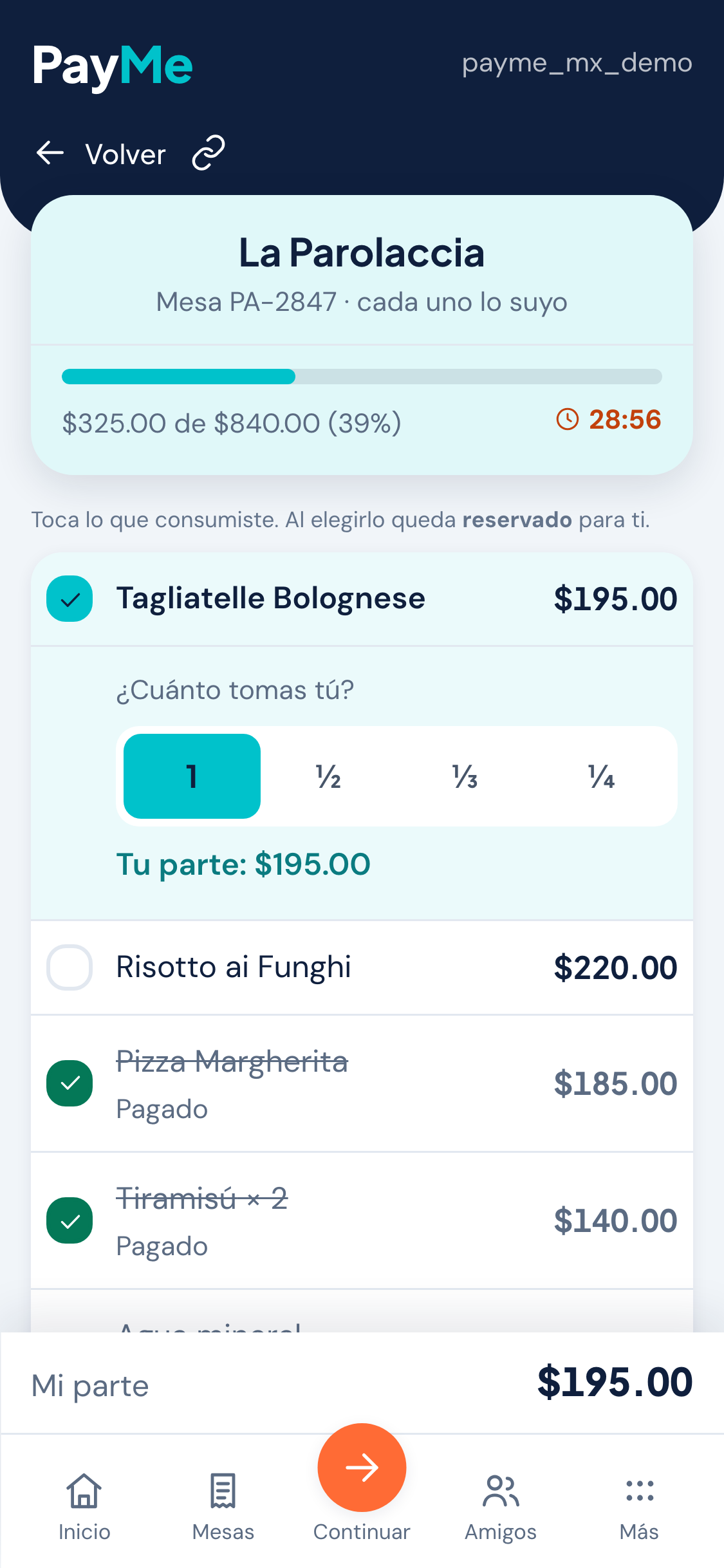 App del comensal: mesa donde cada quien elige lo que consumió, con su parte calculada